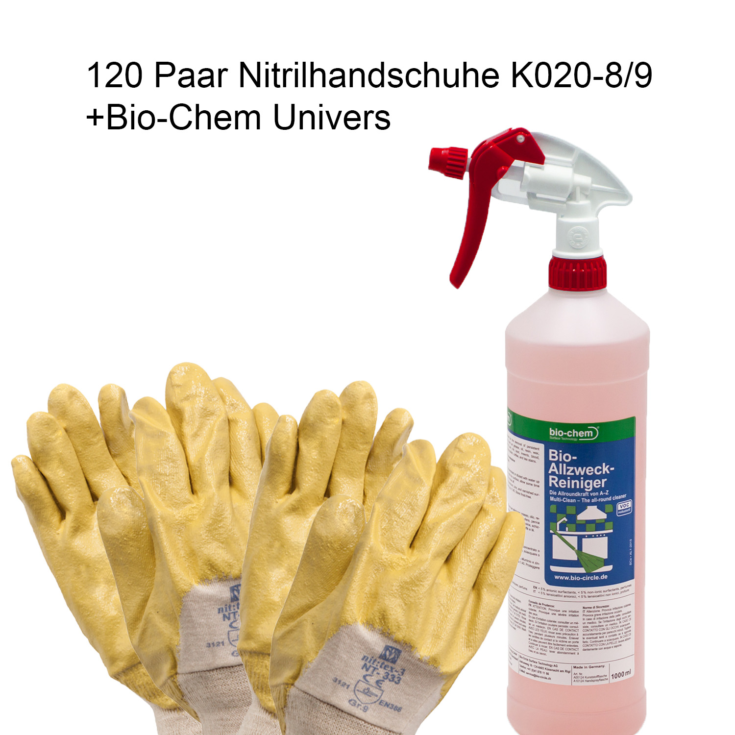 120 Paar Arbeitshandschuhe - K020 Größe 8/9 Nitril + Bio-Chem Univeralreiniger