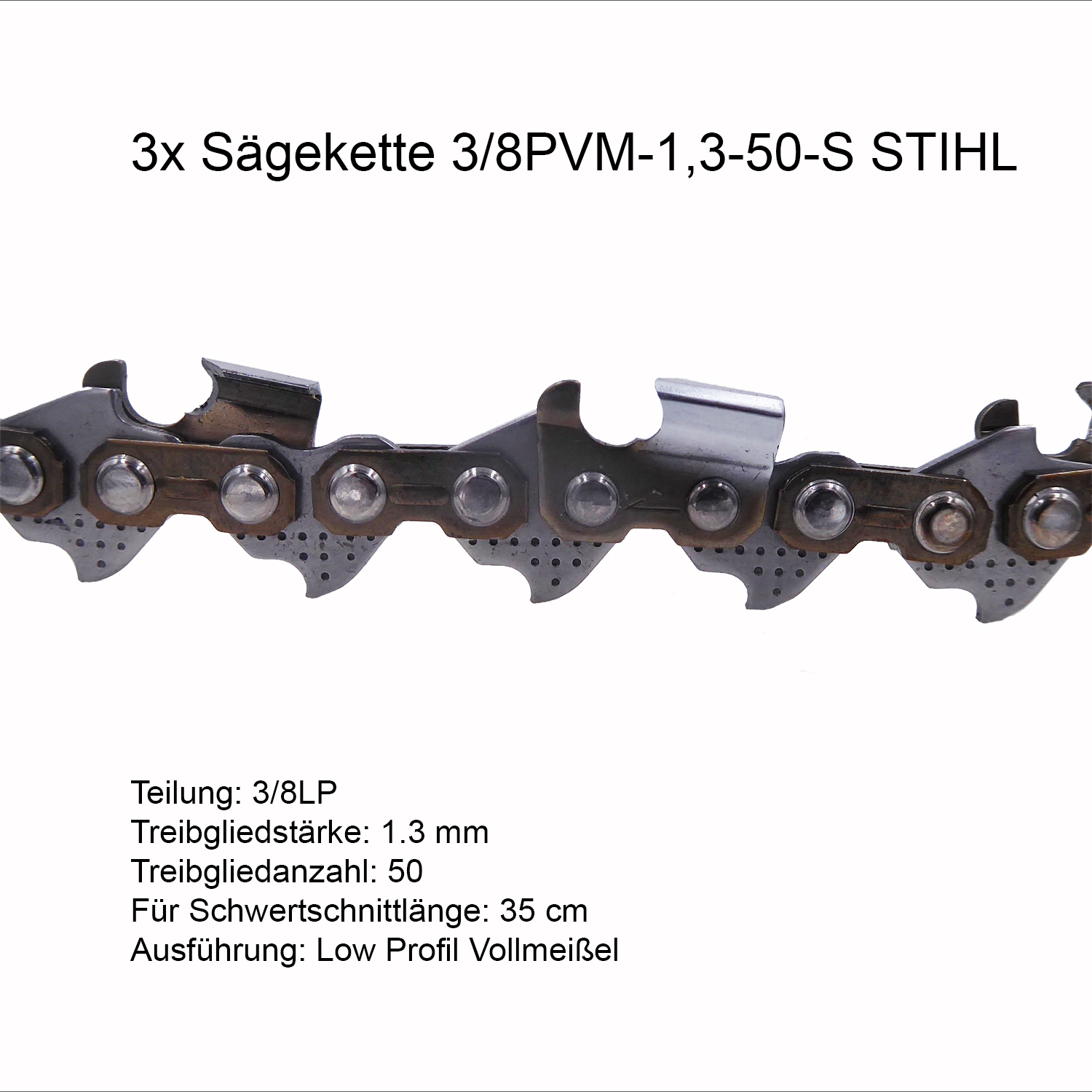 3 Stück Stihl Picco Super (PS) 3/8P 1.3mm 50 TG Sägekette Vollmeissel