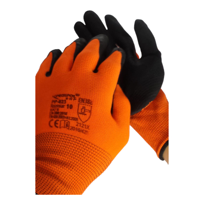 K027 violett/orange -10 Arbeits-, Schutz- Nylonhandschuhe, die im Handflächenbereich mit grob geschä
