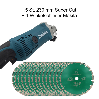 Set Makita Winkelschleifer GA9050R + 15 Stück Diamanttrennscheibe Super Cut 230 mm