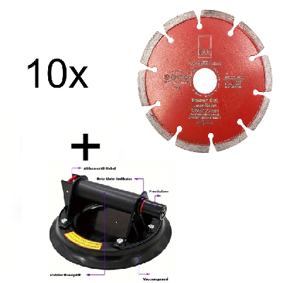 Saugnapf mit Manometer? ca.21x9.5cm ? 220kg + 10 Stück Diamantscheibe Power Cut Uni 125mm